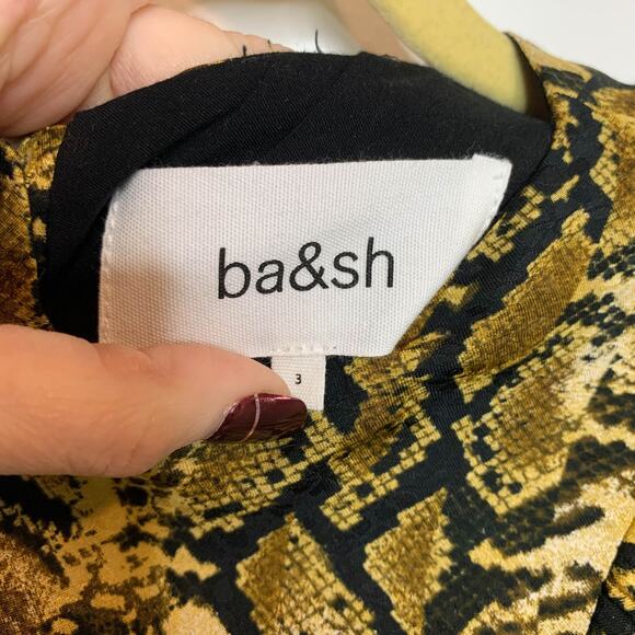 BA&SH Sym trapeze shift dress ochre ruffled bib front snakeskin print 2730 - Picture 8 of 14